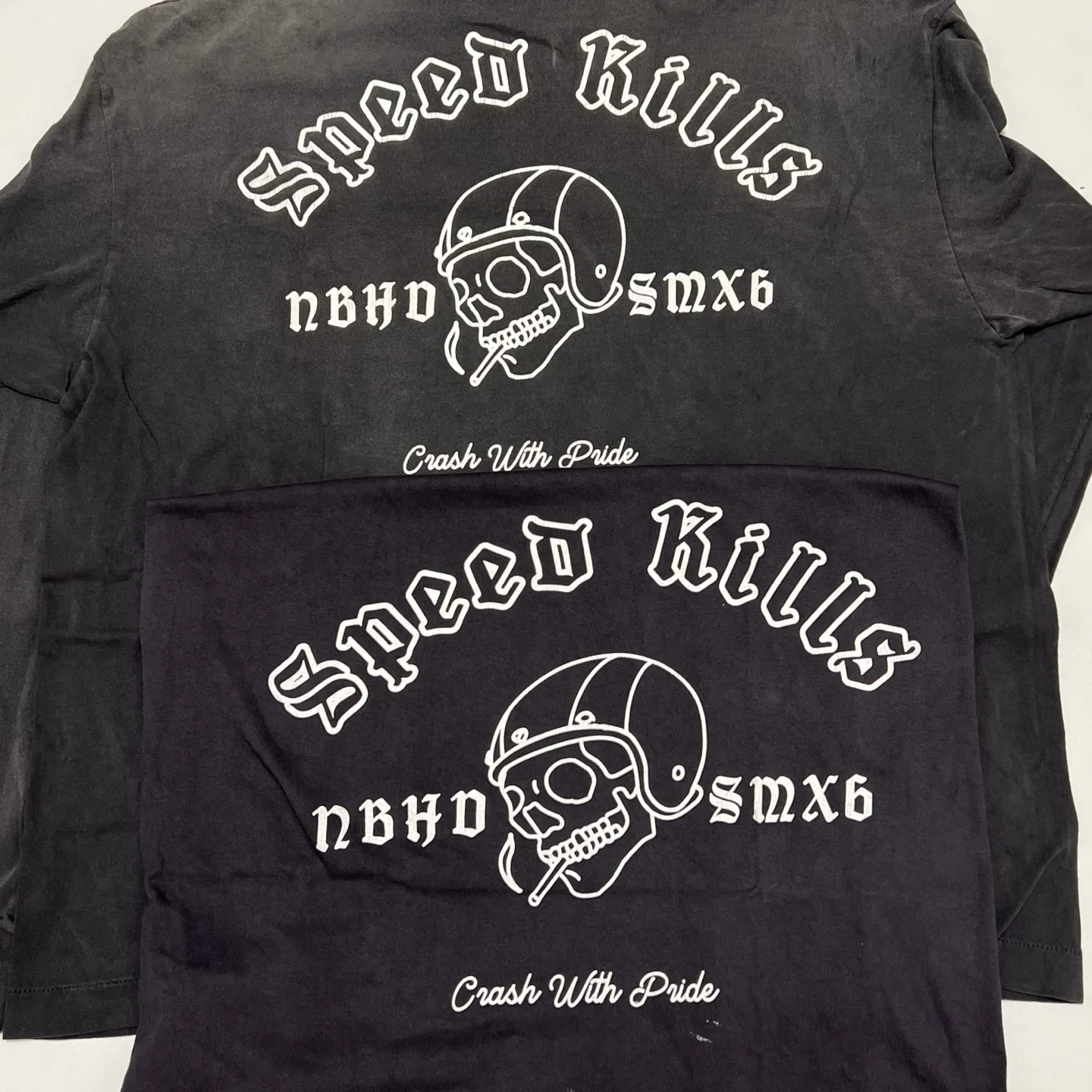 Printing proofing SAINT Mxxxxxx × NEIGHBORHOOD STHD . LS TEE SPEED KILLS/BLK Skull Helmet Long Sleeves Washed Black S-XL Cylindrical Cloth Ready-made Assute Dyeing Heavy Washing Water Fading Handmade Splashed Ink Holes Simulate Natural Fading and Old Effects Correct Version Customized NBHD Co-branded Accessories Top Purchasing Level
